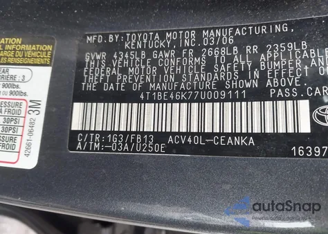 2007 Toyota Camry Le z USA, uszkodzony, nr VIN 4T1BE46K77U009111